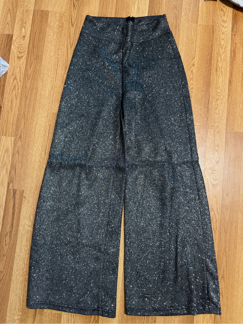 Sparkle Wide-Leg High-Waist Pants - Black Glitter